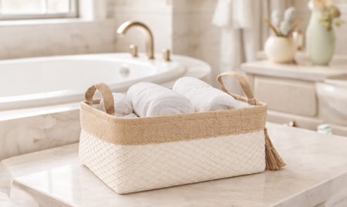 Stack of folded bath towels in beige, white, and sage green displayed on a marble bathroom vanity.